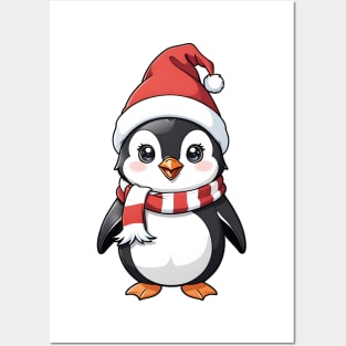 Cute a penguin wearing Santa hats and scarves Posters and Art